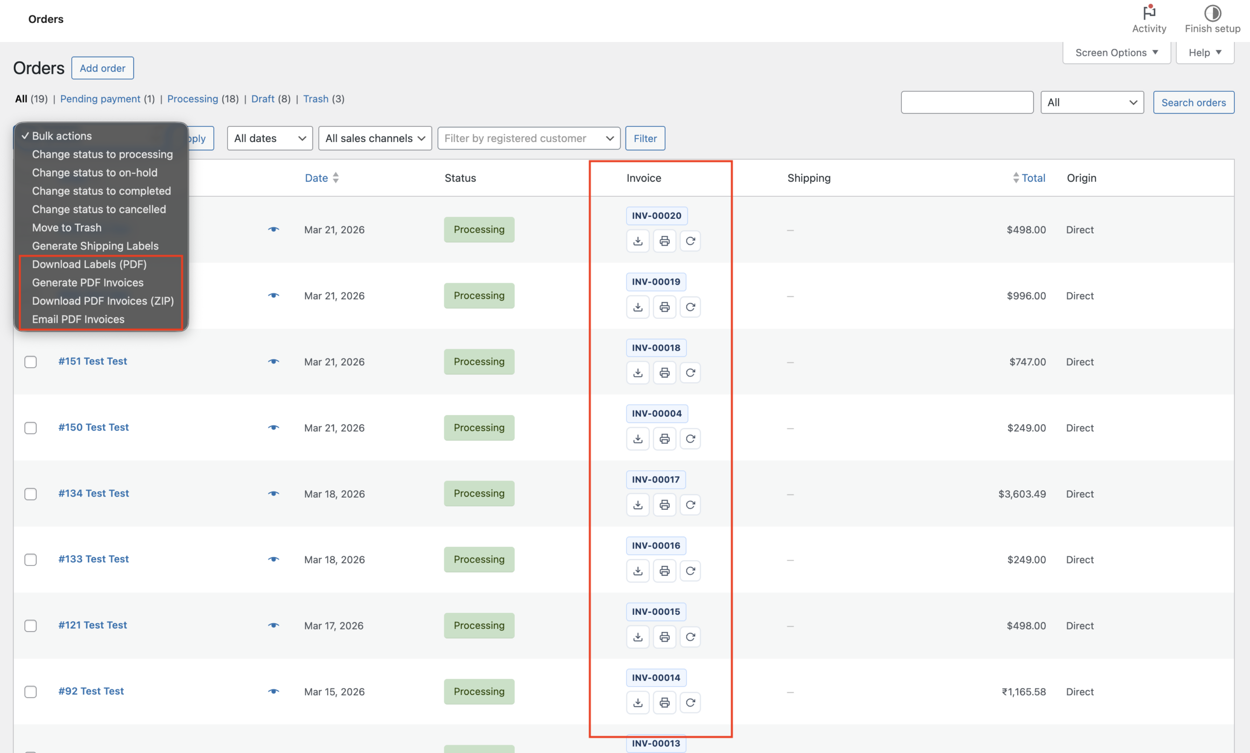 Bulk actions on orders list