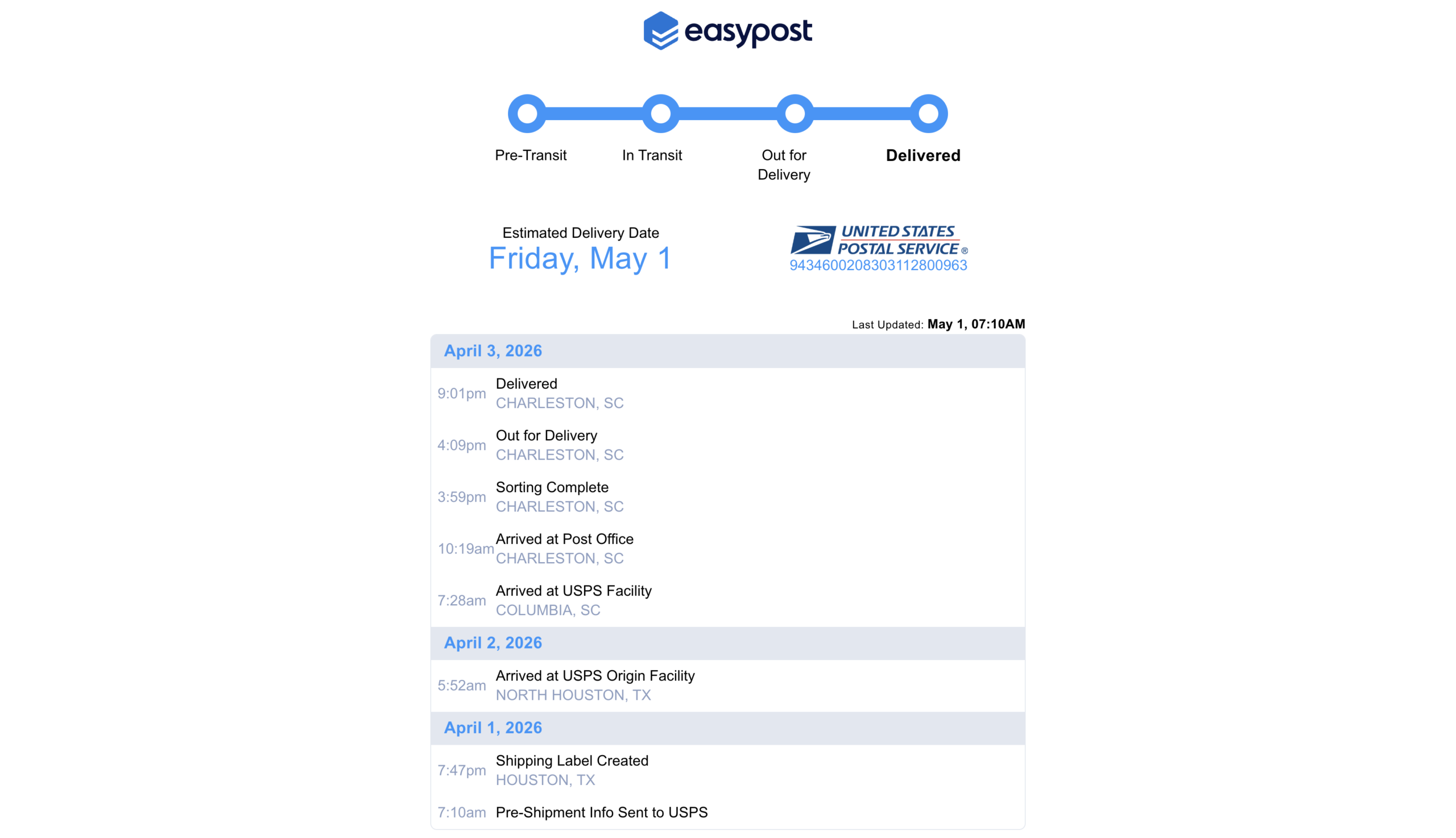 Tracking email / order note