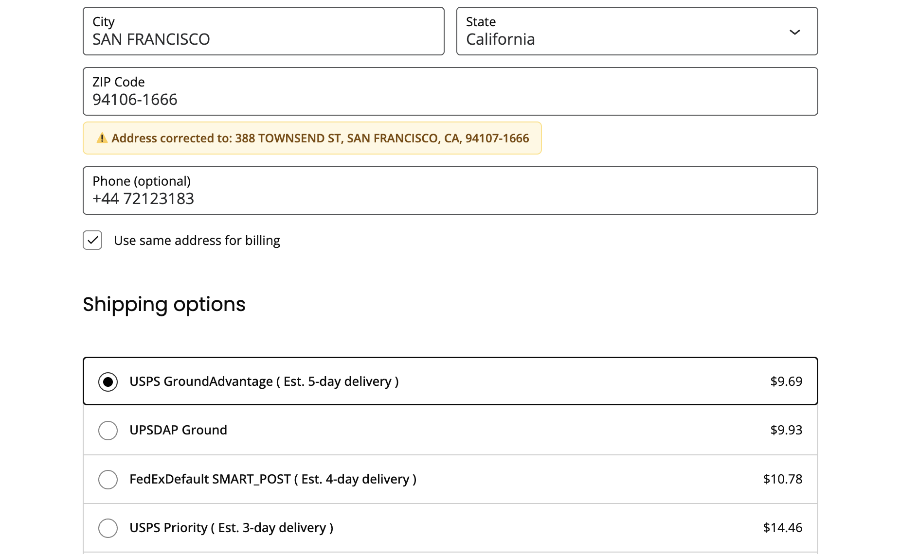 Address validation screenshot